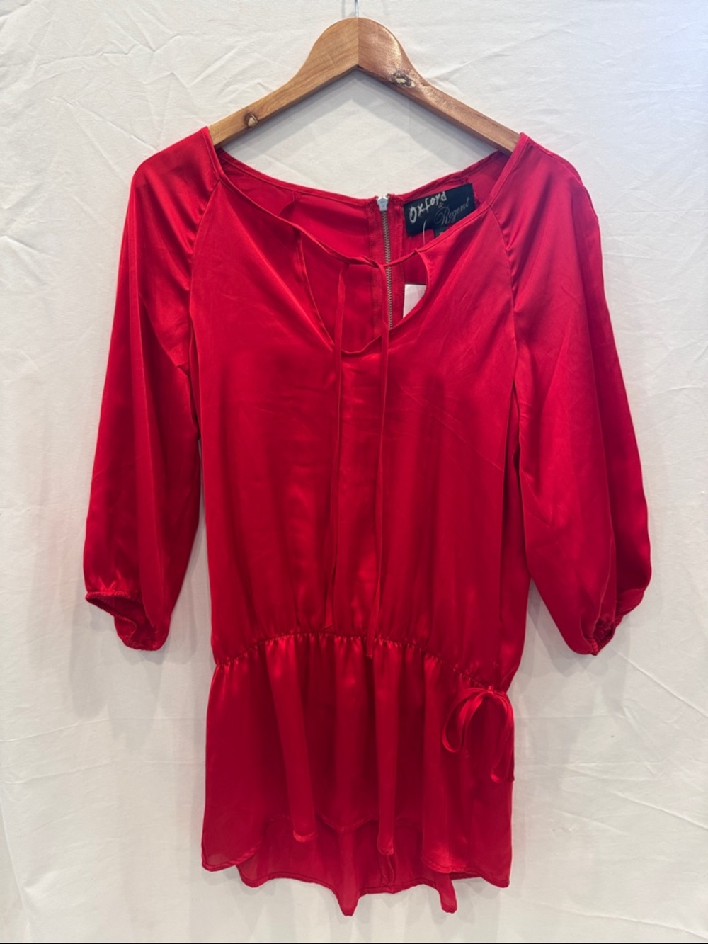 NWT Oxford & Regent Red Peplum Tie-Neck Tunic Top, Size XS